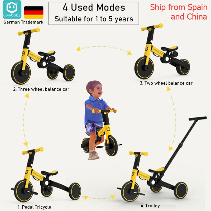 4 in 1  Baby Tricycle Sturdy Detachable  Bicycle with Push Handle Multifunctional Toddler Balance Bike For 1-4 Years Old