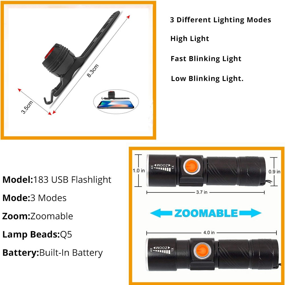3 in1- 8000 Lumen Bike Bicycle Light Set. USB rechargeable. LED Waterproof Super Bright Zoom